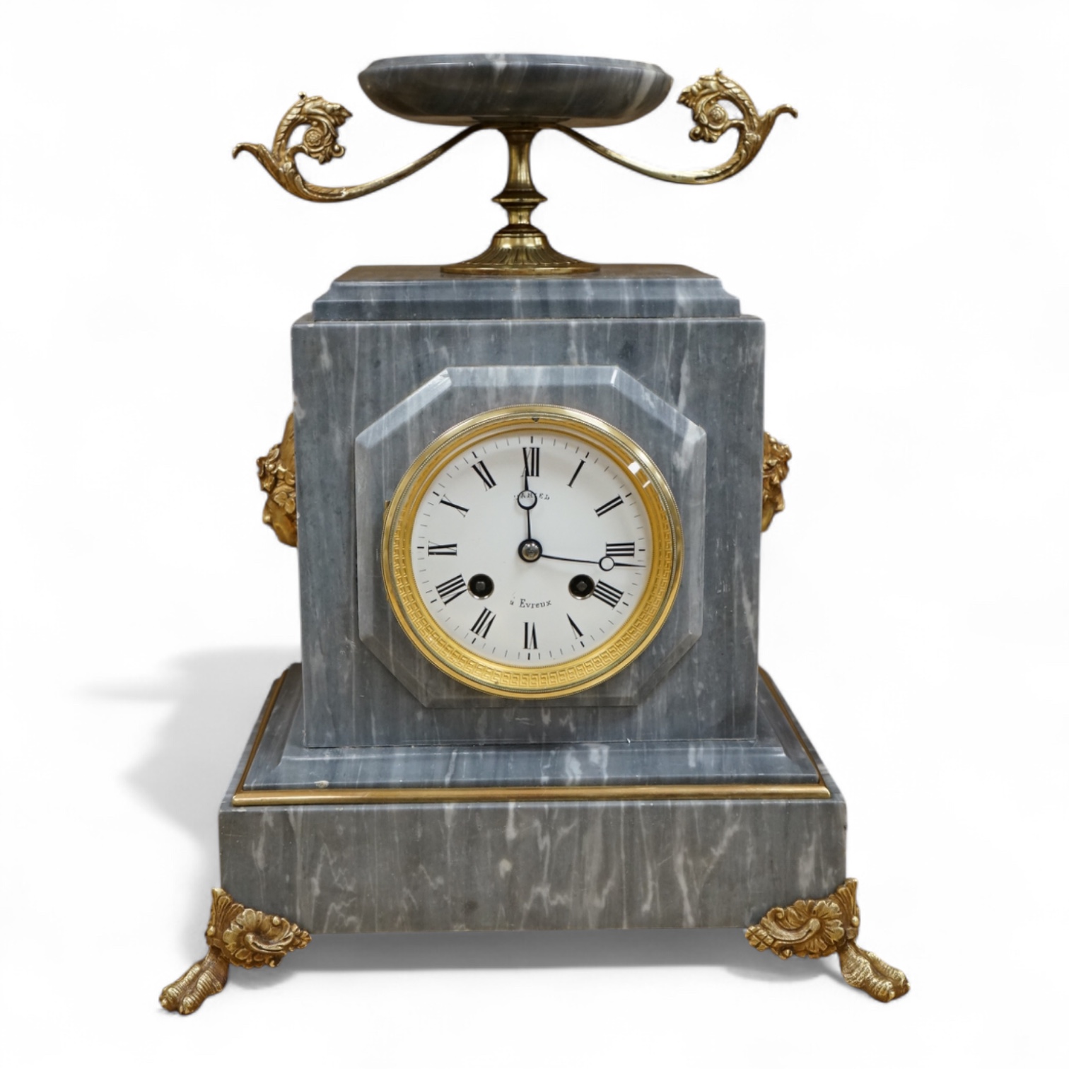 A French gilt metal mounted grey marble mantel clock, late 19th century, 35cm